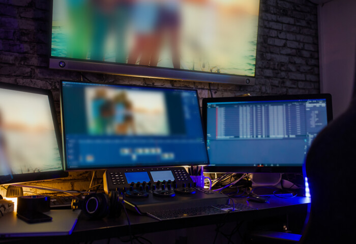 Video footage on computer screens with controls on desk at workplace